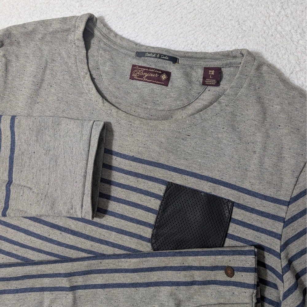 Scotch & Soda L/S Shirt Mens L Grey Striped Leather Pocket Bonjour Crewneck